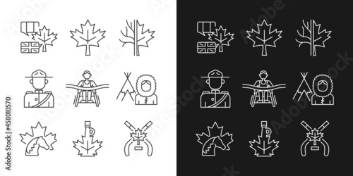 Canadian representation linear icons set for dark and light mode. Official country symbols. National heritage. Customizable thin line symbols. Isolated vector outline illustrations. Editable stroke