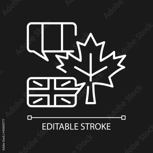 Bilingual country white linear icon for dark theme. French and english speaking population. Thin line customizable illustration. Isolated vector contour symbol for night mode. Editable stroke