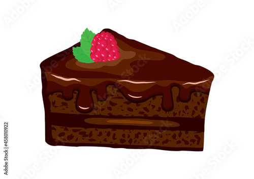 Slice of chocolate cream cake with raspberry and mint leaf icon vector. Delicious chocolate raspberry cake icon vector isolated on a white background