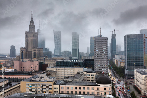 Warsaw, Poland panorama, dark clouds and fog