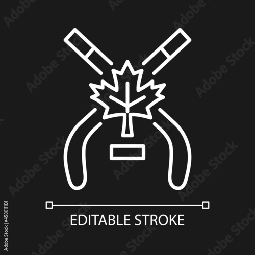 Ice hockey white linear icon for dark theme. Ice hockey stick, puck. National sports of Canada. Thin line customizable illustration. Isolated vector contour symbol for night mode. Editable stroke