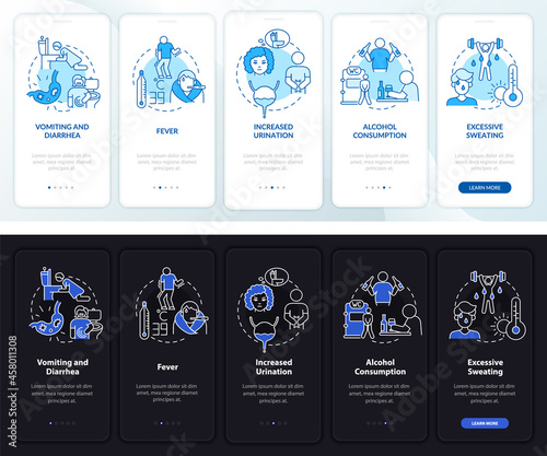 Dehydration causes light, dark onboarding mobile app page screen. Walkthrough 5 steps graphic instructions with concepts. UI, UX, GUI vector template with linear night and day mode illustrations