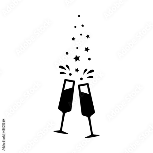 Two champagne glasses toast cheers icon vector illustration set. Anniversary birthday Christmas Eve New Year happy event celebration silhouette pictogram on white background