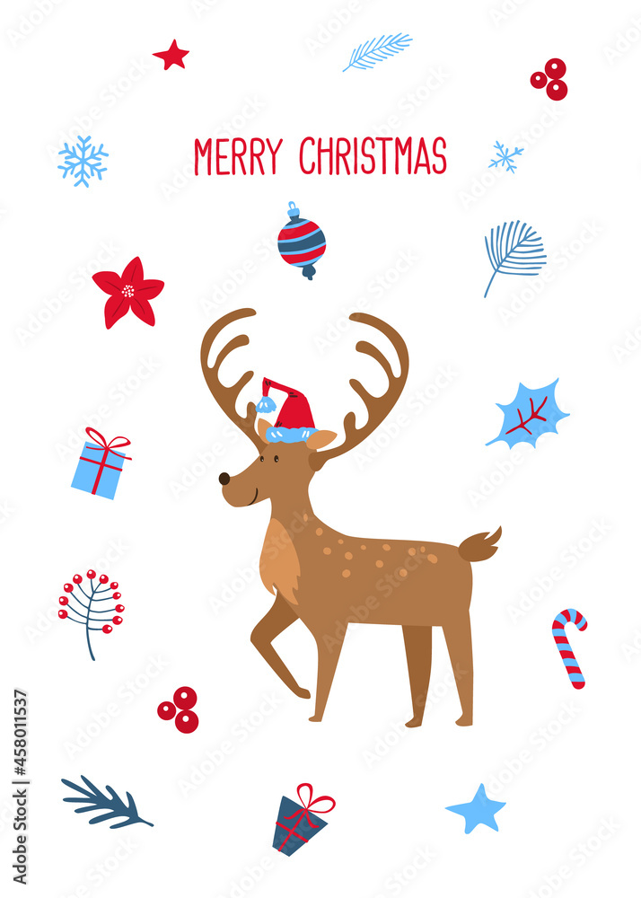 Naklejka premium merry christmas xmas happy new year festive greeting card template background in blue red and white color palette, vector illustration graphic