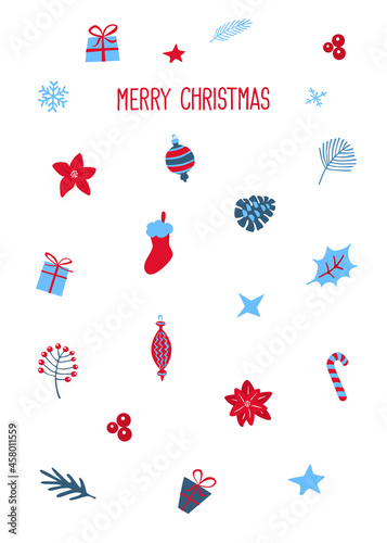 merry christmas xmas happy new year festive greeting card template background in  blue red and white color palette, vector illustration graphic photo