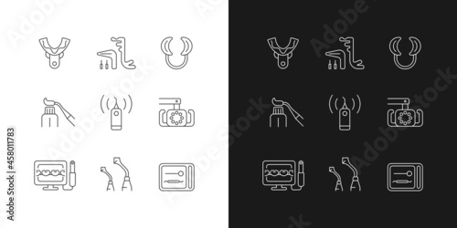 Dental check up linear icons set for dark and light mode. Medical devices. Impression tray. Implant maintenance. Customizable thin line symbols. Isolated vector outline illustrations. Editable stroke