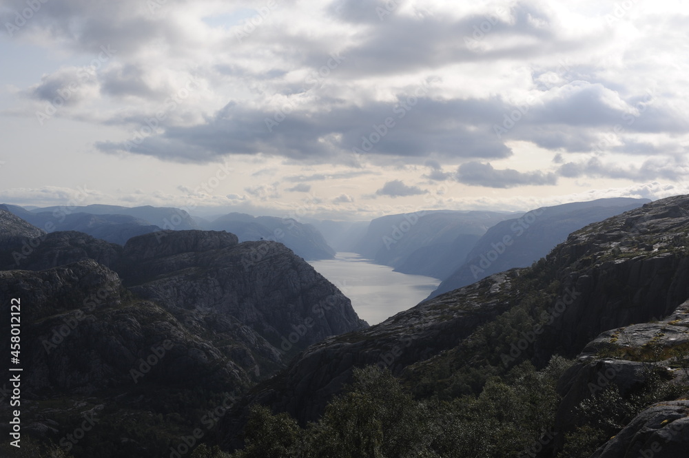 Scenic and dramatic panorama of Lysefjord (Lysefjorden) fjord canyon landscape in Norway in summer