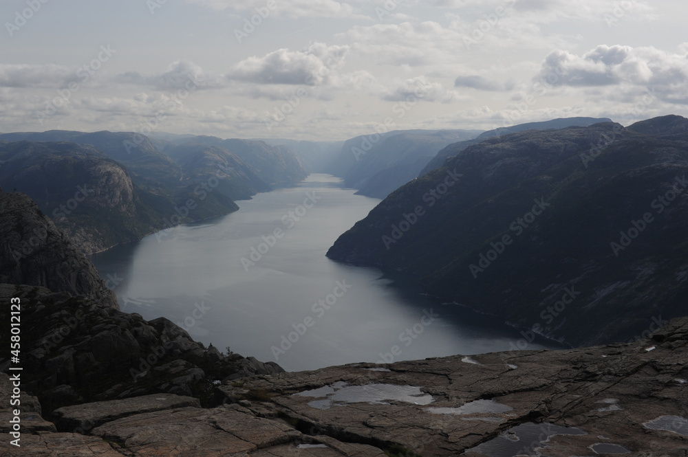Scenic and dramatic panorama of Lysefjord (Lysefjorden) fjord canyon landscape in Norway in summer