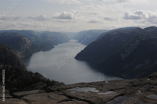 Scenic and dramatic panorama of Lysefjord (Lysefjorden) fjord canyon landscape in Norway in summer photo