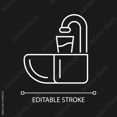 Dental spit bowl white linear icon for dark theme. Cuspidor for expectorating. Dentistry equipment. Thin line customizable illustration. Isolated vector contour symbol for night mode. Editable stroke