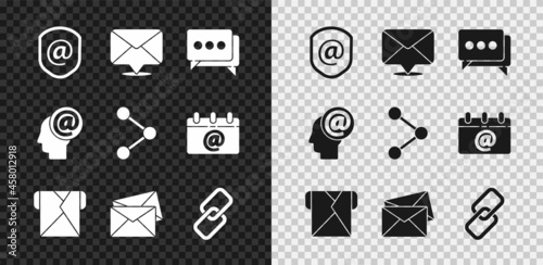 Set Shield with mail and e-mail, Envelope, Speech bubble chat, Chain link, Mail and Share icon. Vector