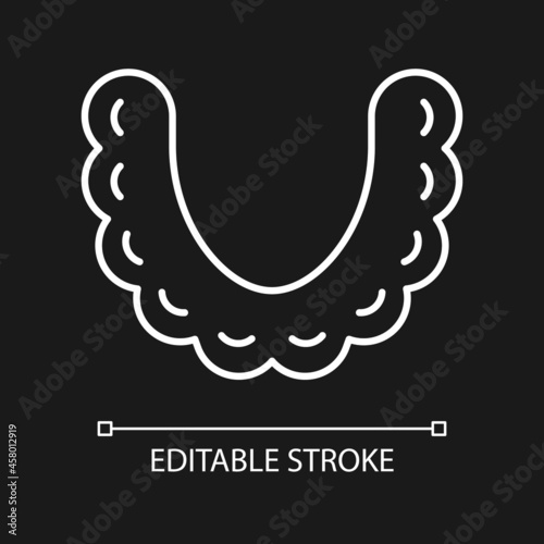 Teeth aligners white linear icon for dark theme. Straightening teeth equipment. Orthodontic device. Thin line customizable illustration. Isolated vector contour symbol for night mode. Editable stroke