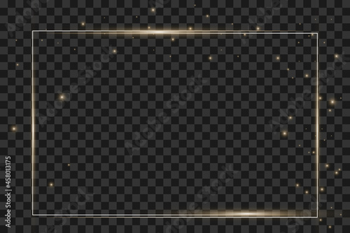 Glowing vintage gold frame with shadows isolated on transparent background. Rectangular frame with lights effects. olden luxury realistic rectangle border. Vector