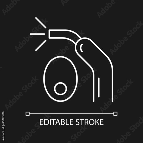 LED curing light white linear icon for dark theme. Handheld device. Hardening tooth filling. Thin line customizable illustration. Isolated vector contour symbol for night mode. Editable stroke