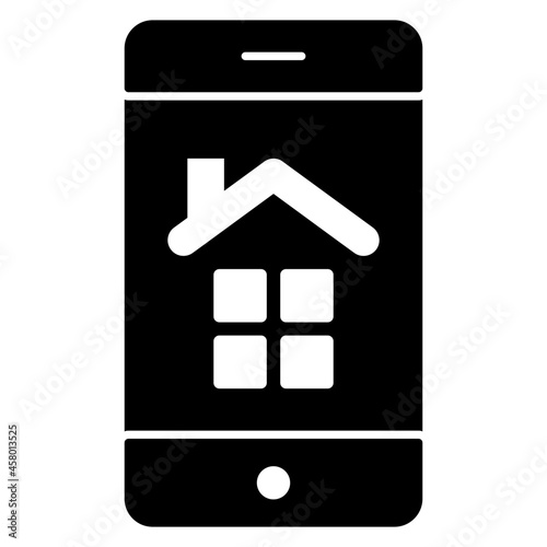 Home inside smartphone, solid design icon of real estate app