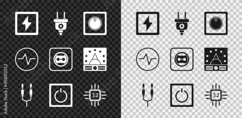 Set Lightning bolt, Electric plug, light switch, Audio jack, Processor with microcircuits CPU, scheme and Electrical outlet icon. Vector