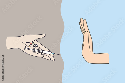 Refusal from drugs and pills concept. Human hand refusing and saying no to syringe narcotic drugs pills from human hand vector illustration