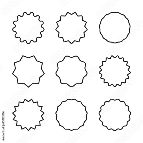 Retro set with set black starburst badges on white background for promo design. Illustration with set black starburst badges on black background. Special offer symbol. Discount tag badge shape. Simple