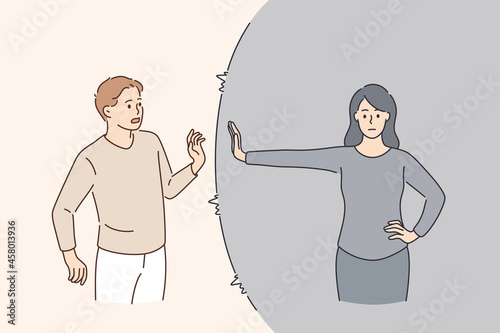 Defending personal boundaries and freedom concept. Young woman standing and feeling in capsule defending her own private personal boundaries from man vector illustration 