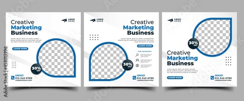 Set of Social media post template for business promotion. White background with blue frame photo. Usable for social media post, banner, and website.
