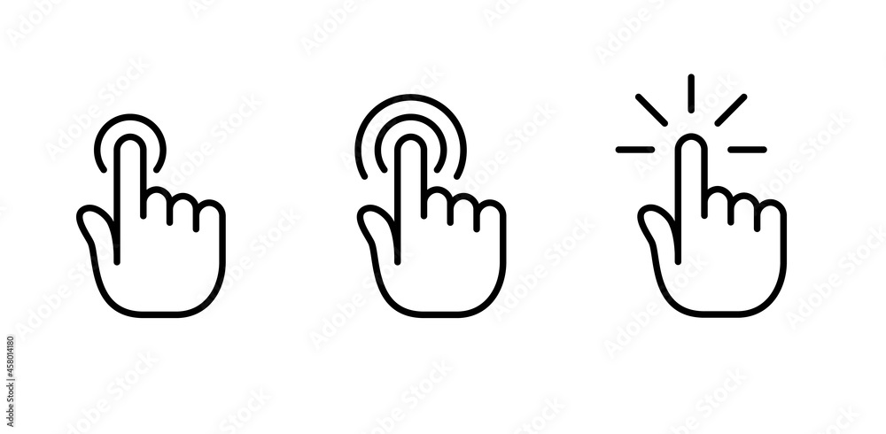 Finger tap icons set. Hand cursor click. Pixel perfect, editable stroke