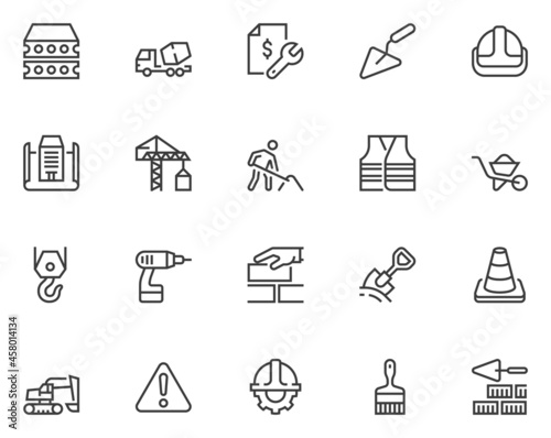 Construction, Building Site, Construction Machinery. Crane, Estimate, Excavator, Concrete Truck. Simple Vector Line Icons. Editable Stroke. 48x48 Pixel Perfect.