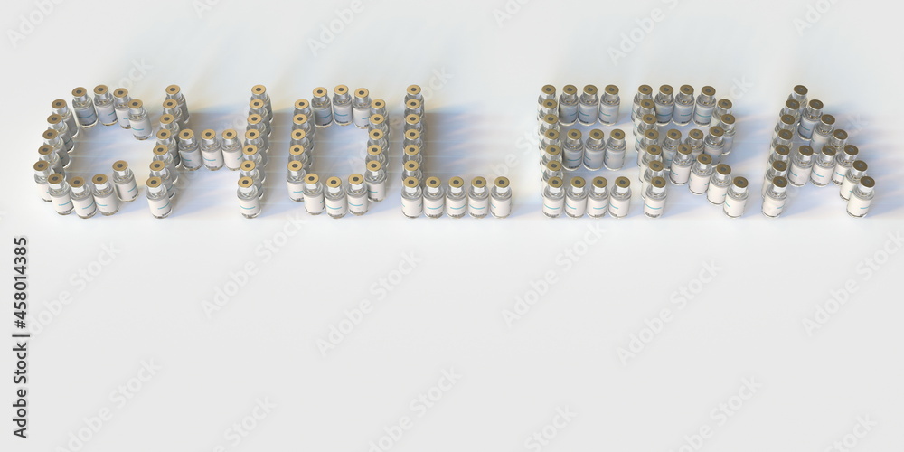 Glass vials compose CHOLERA text on white background, conceptual 3D rendering Glass vials compose CHOLERA text on white background, conceptual 3D rendering