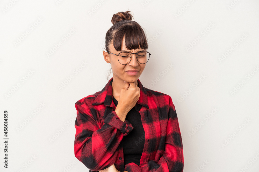 Young mixed race woman isolated on white background  suffers pain in throat due a virus or infection.