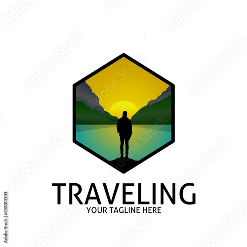Logo design template. Vector illustration. With a landscape design of the man, lake, mountains and sun silhouette.
