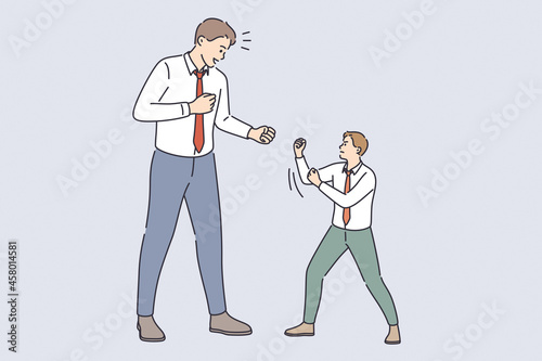 Business rivalry and contest concept. Big and little businessmen standing towards each other fighting defending and beating vector illustration 