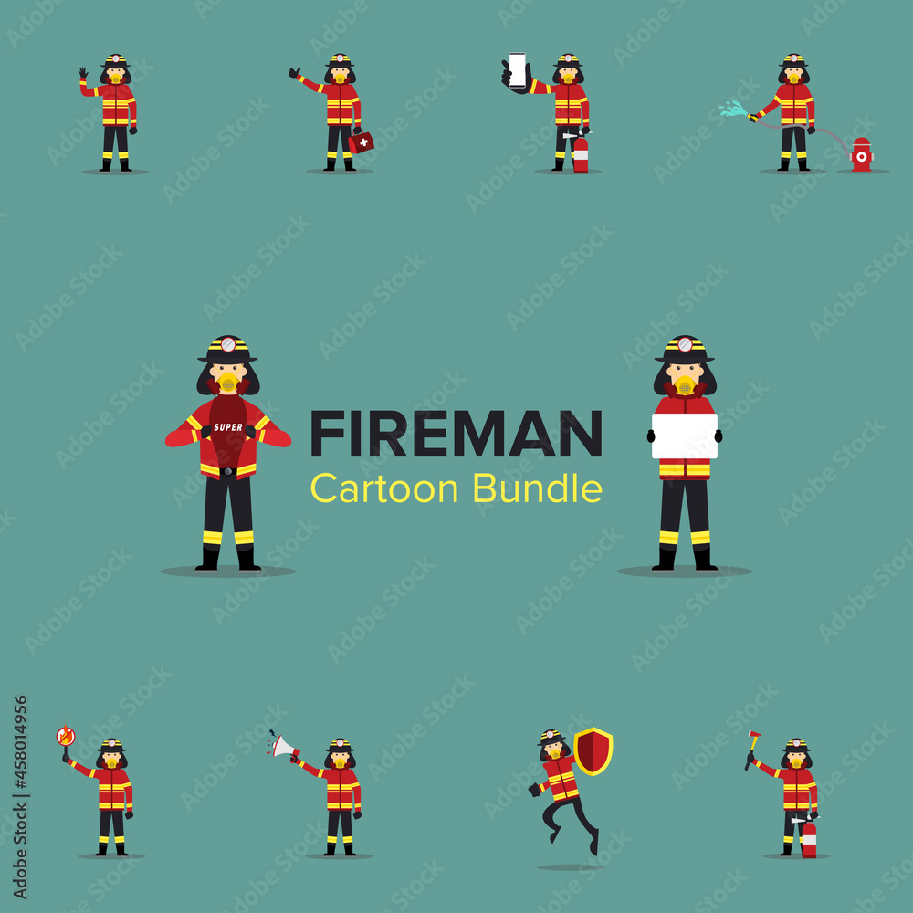 Illustration Batch Vector Graphic of Cartoon Fireman . Bundle. Set Illustration Batch Vector Graphic of Cartoon Fireman . Bundle. Set