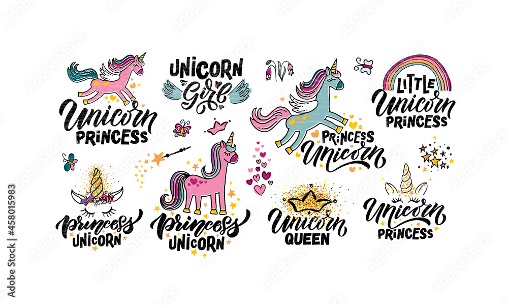 Hand sketched unicorn vector illustration patterns with lettering typography quotes. Motivational quotes concept for children t-shirt print. Unicorn logotype, badge, icon. Unicorn logo, banner, flyer