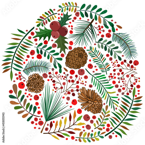 Autumn set in a circle: bright colorful leaves, berries and cones. Colours of late autumn.