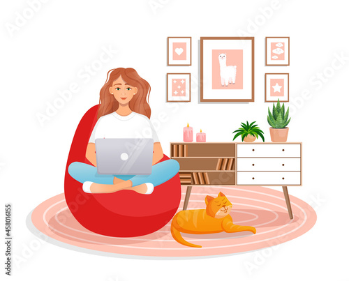Woman is sitting on a bean bag chair at home at a laptop computer. Remote work, office at home, programming, freelance. Study at home in quarantine. Vector illustration. Cozy interior with a cat.