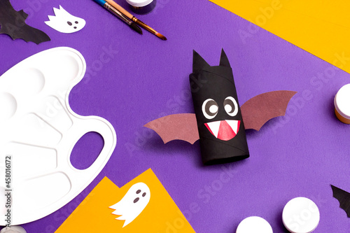 Handmade craft project toilet paper tube. Making cute monster for Halloween. Step by step photo instruction