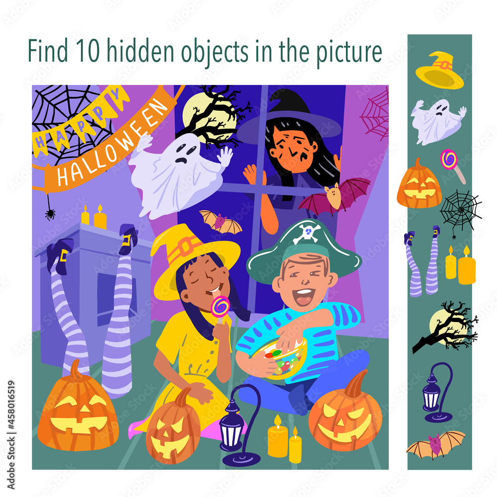 October Hidden Objects Find 10 hidden objects in the picture. Happy Halloween. Girl and boy ...