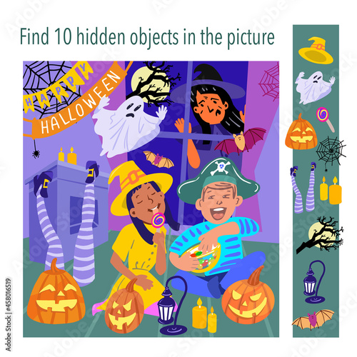 Find 10 hidden objects in the picture. Happy Halloween. Girl and boy eating sweets in room with pumpkins. Puzzle game with hidden elements. Vector illustration.