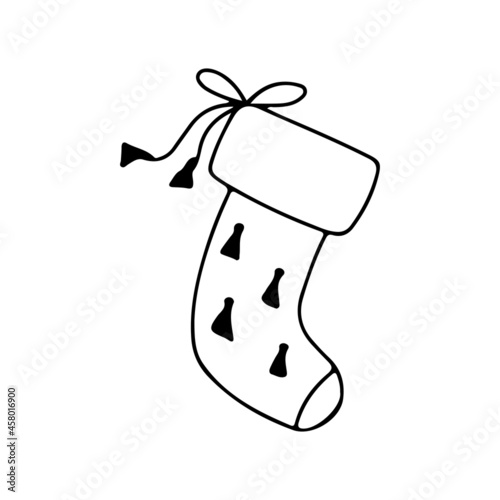Christmas sock with decorative tassels. Vector illustration in doodle style.