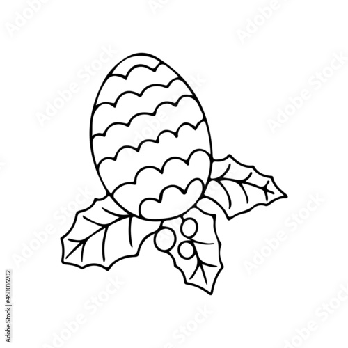 Christmas cone icon with leaves isolated on white background Vector illustration in doodle style.