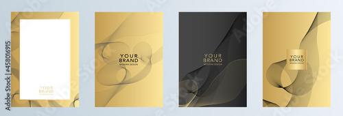 Abstract geometric modern cover design set. Elegant design for business, wedding card, luxury menu template, holiday flyer. The pattern of black and gold wavy lines on golden vector background.