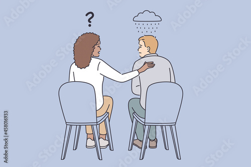 Empathy, support and understanding concept. Young smiling woman sitting Comforting her sad disappointed friend consoling and encouraging her colleague vector illustration 