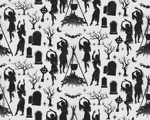 Witches Dancing near a Cemetery Seamless Pattern. Vector Illustration.