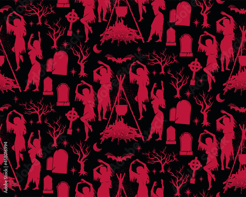 Witches Dancing near a Cemetery Seamless Pattern. Vector Illustration.