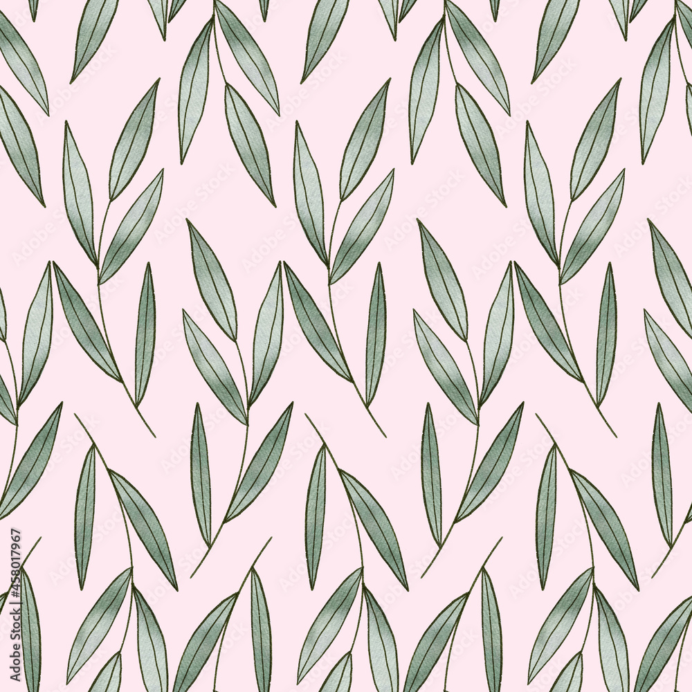 Naklejka premium Green Olive Leaves Branches on Pink Background Watercolor Seamless Pattern