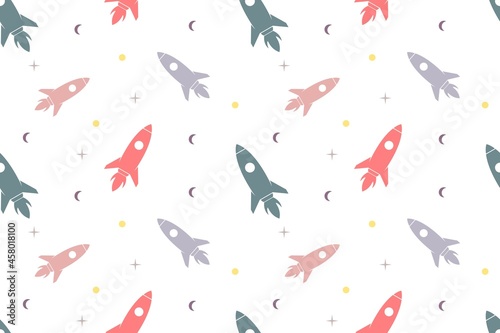 Colorful Rocket Space Seamless Pattern White Design