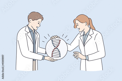 Genetic research and dna tests concept. Young man and woman doctors scientists standing around huge dna molecule talking discussing scientific experiment vector illustration 