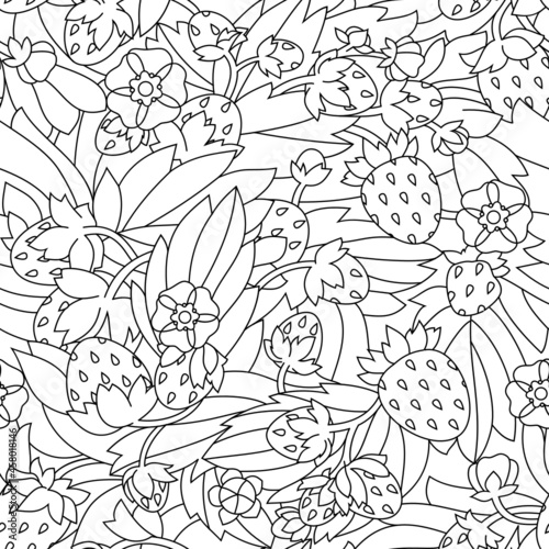 Monochrome seamless pattern with strawberries, leaves and flowers.