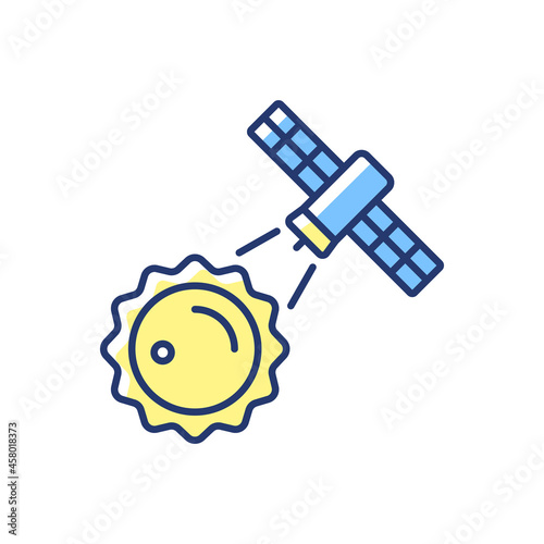 Sun observation process yellow RGB color icon. Heliophysics science investigation by artifial satelite. Thin line customizable illustration. Isolated vector illustration. Simple filled line drawing
