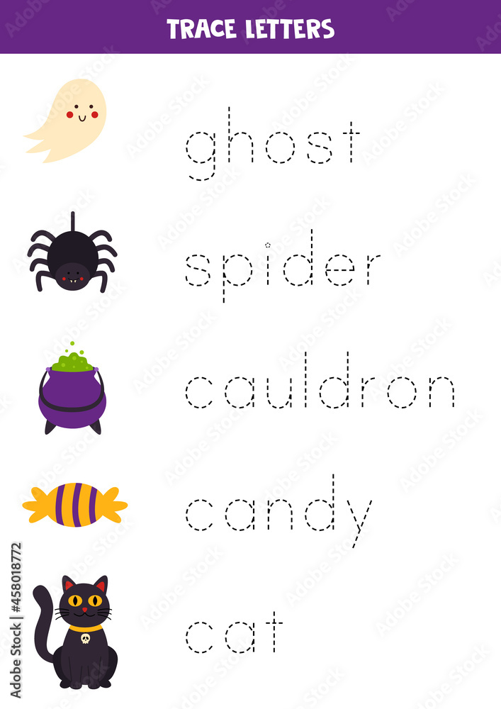 Tracing names of Halloween elements for kids.