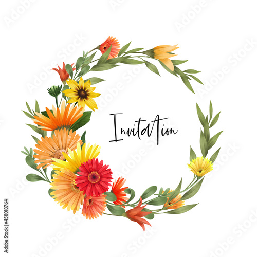 Wreath of autumn gerber daisies, asters flowers and greenery, hand drawn isolated illustration on white background, for wedding cards, invitation